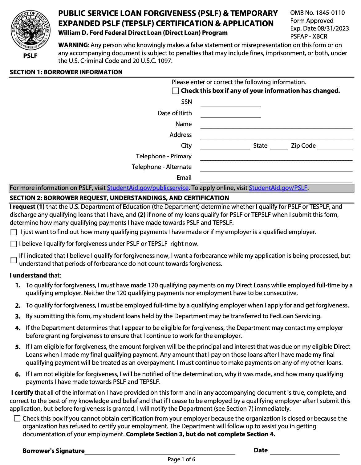 PSLF Form Page 1 | Source: Department of Education